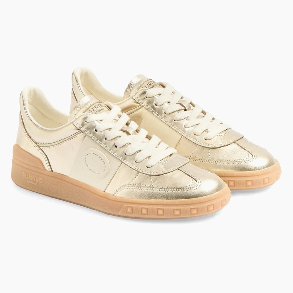 Valentino Garavani Women’s Upvillage Trainer Sneakers in Laminated Calfskin Gold